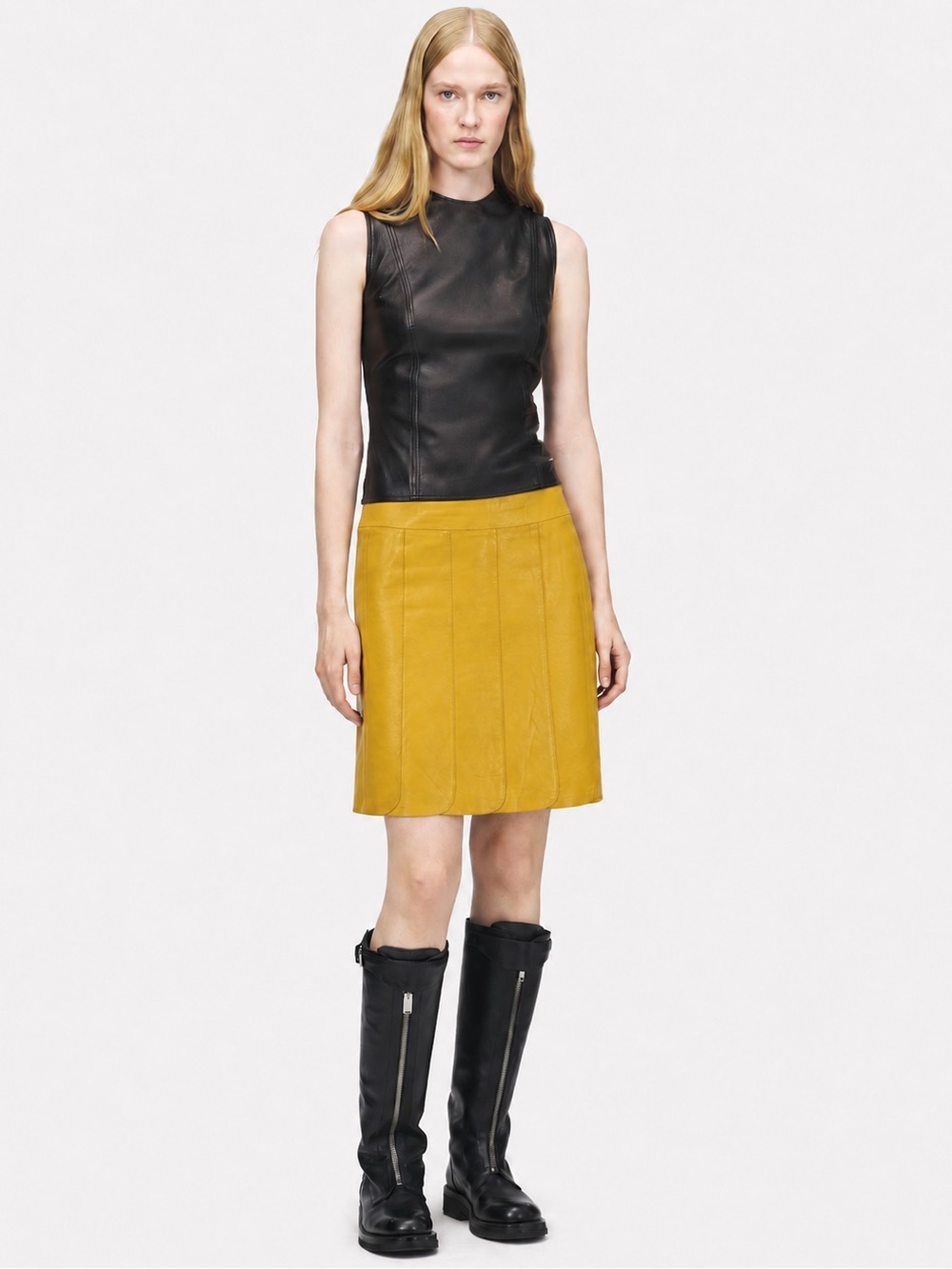 Vintage 90s Mustard Yellow Scallop Hem Leather Mini Skirt